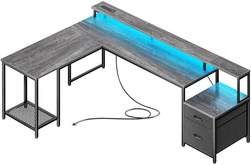 PRAISUN 66" L Shaped Gaming Desk with LED Lights & Power Outlets by PRAISUN