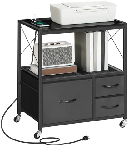 MAHANCRIS File Cabinet with Charging Station, 3 Drawer Lateral Filing Cabinet for Home Office, Mobile Printer Stand with Open Shelf, Fits A4/Letter Size File, Nonwovens Drawer, Black FCHB98E01 by MAHANCRIS