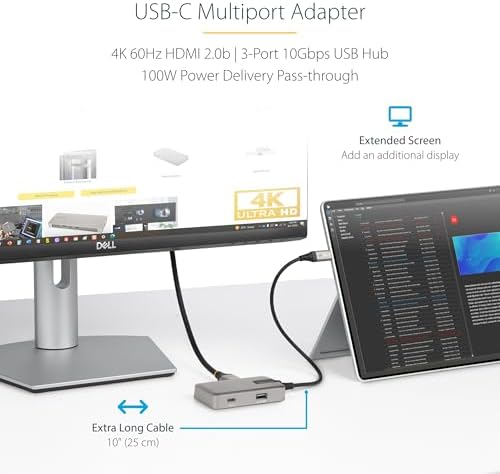 StarTech 4-in-1 USB-C Hub, 4K 60Hz HDMI, Alt-Mode, 100W PD, MacBook, TAA - Image 2