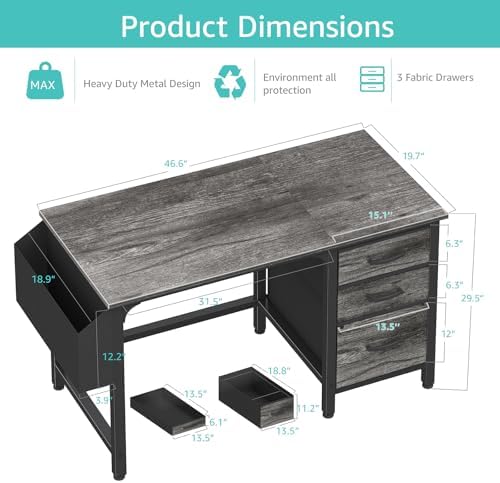 Lufeiya Computer Desk with File Drawers Cabinet, 47 Inch Home Office Desks with Filing Cabinet for Small Space, Gaming Study Writing Table PC Desks, Gray - Image 3