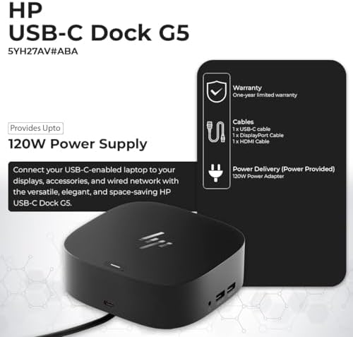HP Docking Station for Laptop Dual Monitor and Charging Bundle - USB-C G5 Dock 5YH27AV#ABA with 120W Adapter + HDMI Cable + DisplayPort Cable + USB-C Cable + Microfiber Cloth (Renewed) - Image 3