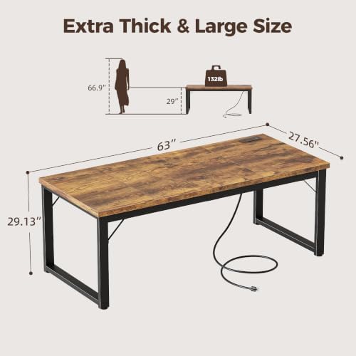 Mericonia 63x28 Inch Computer Desk w/Power Outlets, 1.2" Thick Office Table - Image 2