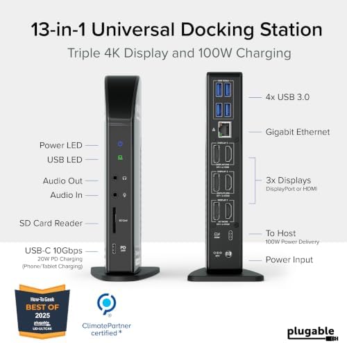 Plugable 13-in-1 USB C Docking Station 4K Triple Monitor with 100W Charging - Image 2