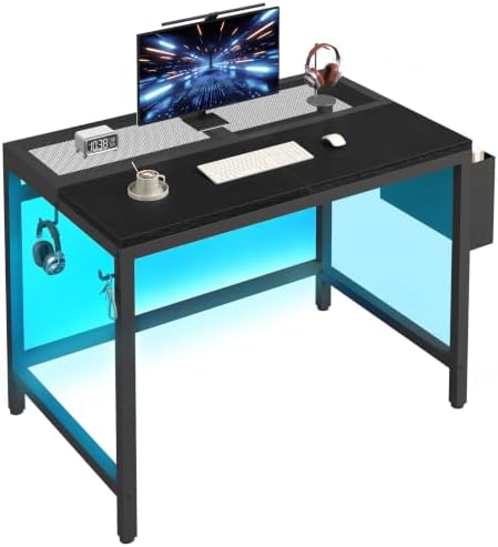 YATINEY Computer Desk with LED Lights, Small Gaming Desk with Storage Bag by Yatiney