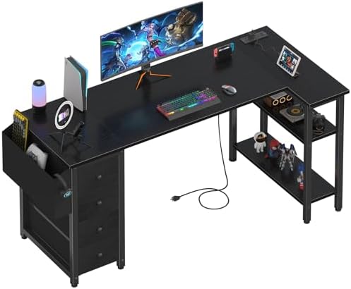 Lufeiya L Shaped Gaming Desk with Drawers & Storage Shelves, 63 Inch Corner Computer Desk with Power Outlet for Home Office Bedroom, L-Shaped Teen PC Desks with Fabric Drawer, Black by LUFEIYA