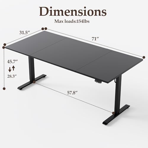 Klicelor 71 Inch Large Electric Standing Desk, Height Adjustable Office Desk, Sit Stand Up Computer Gaming Desk with Memory Preset, Three-Piece Desktop, Black - Image 3