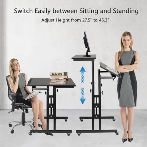 Hadulcet Mobile Standing Desk with Charging Station, Adjustable Standing Computer Desk, Standing Adjustable Laptop Cart with Wheels for Home Office Classroom Black - Image 5