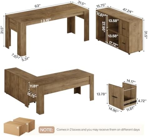 Tribesigns 63" L Shaped Executive Desk with Mobile File Cabinet, Brown - Image 2