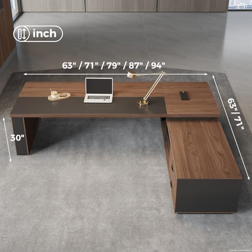 Compact Reversible L Shaped Executive Desk for Manager, Home Office Desk with Power Outlet & USB Ports, LED Ambient Lighting, Storage Cabinet (Red Walnut/Graphite Gray, 63" L*63" W*30" H) - Image 2