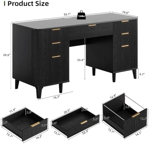 55.1" Fluted Executive Desk with Drawers, Wood Computer Desk with Storage Cabinet, Home Office Desk with Charging Station, Farmhouse Desk with File Cabinet for Office Home - Image 2