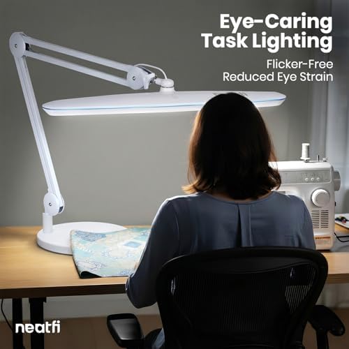 Neatfi XL 24W LED Desk Lamp – 2,200 Lumens | 23” Wide Shade | Dimmable Eye-Caring Task Light | Adjustable Arm | Office, Study, Crafting & Nail Techs (White, Non-CCT with Base) - Image 3