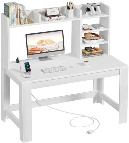 WINAZ 43" White Student Desk with Hutch and Built-in Power Outlet by Unknown