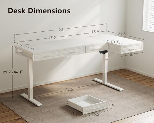OffiGo 63 Inch L Shaped Standing Desk with 4 Wooden Drawers, White - Image 3