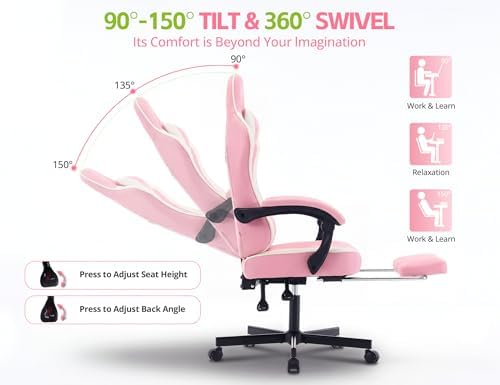 Office Desk Computer Gaming Chair for Adults, Ergonomic High Back Gamer Chair with Massage and Pocket Spring Cushion, Swivel Comfy Video Game Chairs with Footrest and Lumbar Support (Pink White) - Image 5