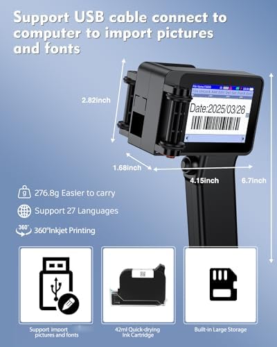 Handheld Inkjet Printer, Batch Code Printer for QRCode Time Picture Number, Small Date Printer with 42ml Fast Drying Ink Cartridge for Many Materials Inkjet Coder Print Height 0.08-0.5Inch - Image 5