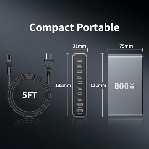 800W GaN3 10-Port USB-C Charging Station - Fast Charger for Laptops, Tablets, Smartphones, and More (Black) - Image 4