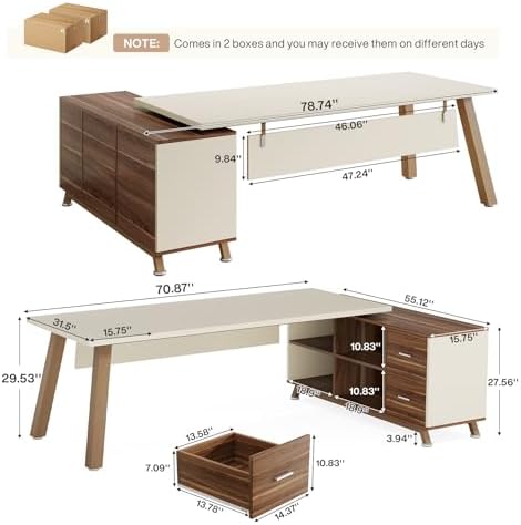 Tribesigns 78.7" L-Shaped Executive Desk, Modern Office Desk with File Drawers & Storage Shelves, Large Computer Desk with 55-Inch Cabinet, Business Workstation for Home Office, Beige & Walnut - Image 2