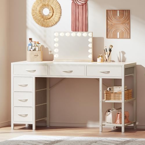 Huuger Computer Desk with 6 Drawers, Office Desk with Shelves, Reversible Gaming Desk, Corner Desk with Storage, Work for Home Office, Study, Living Room, 47inch, White - Image 2
