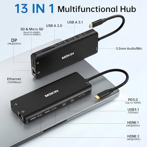 USB C Laptop Docking Station Dual Monitor Dual HDMI 4K DP Triple Display Hub, 13 in 1 MOKiN USB C Hub with 3 Monitors, DisplayPort, USB 3.1, RJ45, 100W PD, Card Reader, Audio/Mic, for Dell HP, Black - Image 2