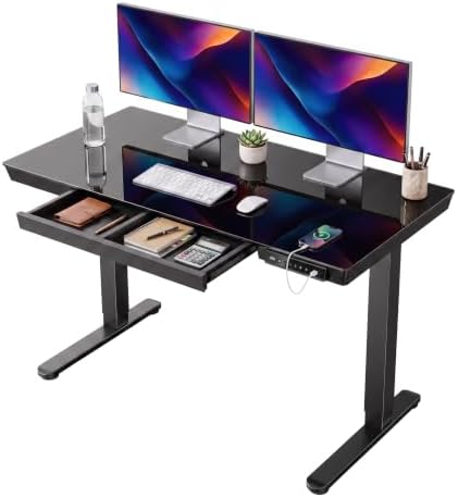 HUANUO Glass Standing Desk with Drawers, 48 X 24 Inch Electric Adjustable Height Desk, Quick Install One-Piece Tabletop with USB Charging Ports, Black by HUANUO