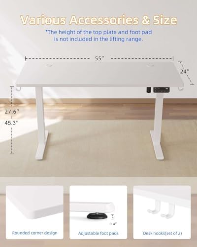 YIHAYO Electric Standing Desk, 55 x 24 Inches Stand Up Desk with Splice Board, Adjustable Height Desk, Computer Desk for Home Office, White Frame/White Top - Image 3