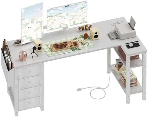 Lufeiya White L Shaped Desk with Drawers & Storage Shelves, 55 Inch Corner Computer Desk with Power Outlet for Home Office Bedroom, L-Shaped Teen PC Desks with Fabric Drawer, White by LUFEIYA