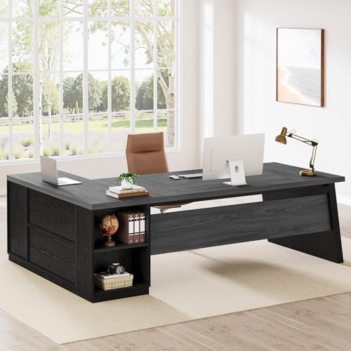 Tribesigns 78" L Shaped Desk with Drawers, Lage Office Desk with Storage Shelves, Modern Corner Computer Desk for Home Office (Gray and Black) - Image 7