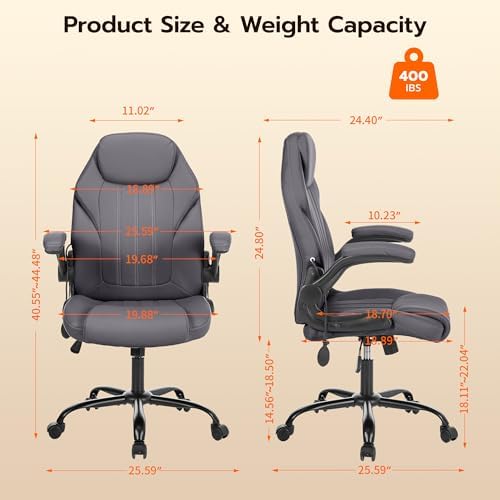 Ylzyxal Office Desk Chair, Ergonomic Computer Chair with Padded Flip-Up Arms and Adjustable Lumbar Support, PU Leather Executive Chair with Tilt Lock and 360° Swivel Rolling Wheels for Work, Study - Image 2