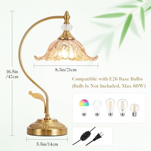 Vintage Floral Table Lamp, Plug in Mid-Century Modern Desk Lamp with Amber Glass Shade, Gold Bedside Table Lamp Dimmable for Bedroom Living Room Home Office, E26 Base, UL Listed - Image 3