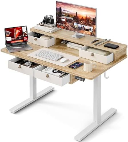 Grandder Electric Standing Desk with Four Drawers, Sit to Stand Up Height Adjustable Desk with Storage Shelf for Home Office, 47 * 28 Inch, Study, Ergonomic Adjustable Computer Desk, Oak by Grandder