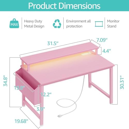 Lufeiya Small Girls Desk with Power Outlets and LED Lights, 32 Inch Gaming Desk Table with Charging Station, Home Office Computer Desks with Monitor, Pink - Image 3