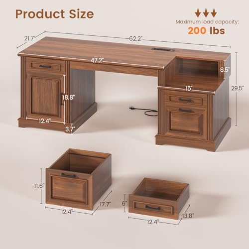 SEDETA Farmhouse Executive Desk, 62'' Home Office Desk with File Drawers, 3Drawer and Storage Cabinet, Computer Desk with Power Outlet for Home Office, Work Study Writing, Walnut - Image 2