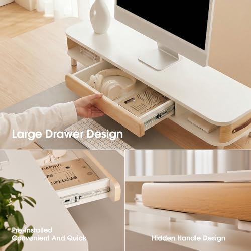 Fenge Dual Monitor Stand with Large Storage Drawer, 42.5" Desk Shelf, White - Image 4