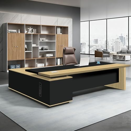L Shaped Executive Desk with Drawers, Large Office Desk with Storage Cabinet, Wood L Shape Desk for Home Office or Business Workspace, Left or Right Cabinet Option, Multiple Sizes & Colors by Unknown
