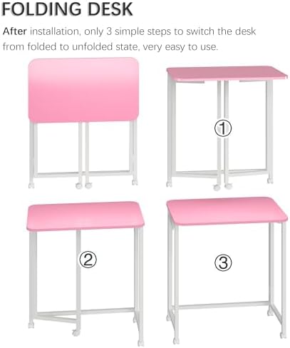 4NM 23.6" Mobile Small Rolling Computer Desk, Folding Laptop Cart Table with Wheels, Portable Office Desk for Small Space Couch Bed - Pink and White - Image 6