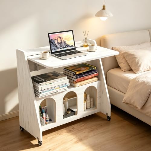 Portable Mobile Desk on Wheels, Mobile Workstation, Rolling Laptop Cart, Rolling Movable Computer Desk with Storage and Wheels for Home Office Small Space (White) by Bspibses
