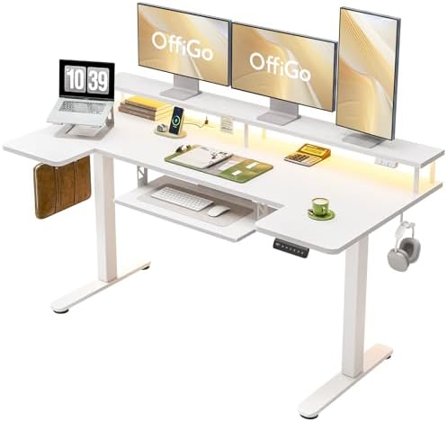 OffiGo 63 Inch U Shaped Electric Standing Desk with Keyboard Tray, White by OfficeGo-ForHomeOfficeWork