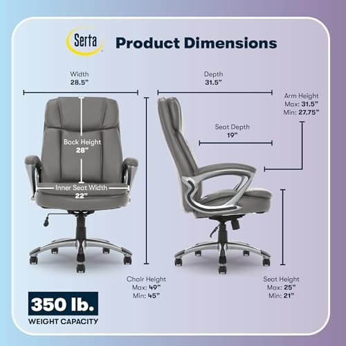 Serta Ergonomic Big and Tall Executive Office Chair Lumbar Support, Leather - Image 3