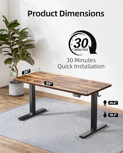 TIQLAB Standing Desk 55 x 24 inch, Electric Height Adjustable with Splice Board, Stand Up Desk, Sit Stand Desk Computer Desk for Home Office, Black Frame/Rustic Brown Top - Image 2