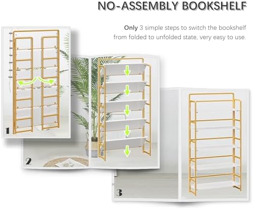 4NM No Assembly Extra Wide 5 Tier Folding Bookshelf Tall Storage Shelves Vintage Bookcase Standing Racks Study Organizer Home Office - Image 7