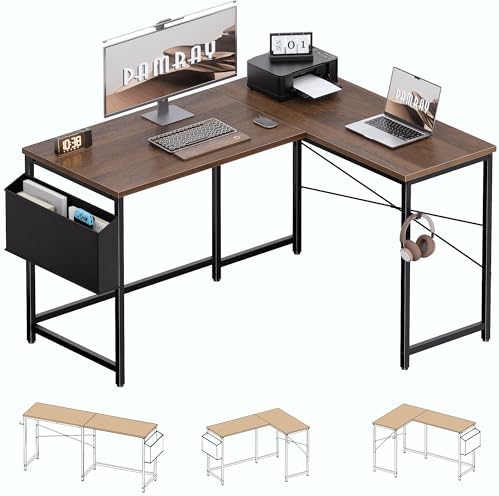 Pamray 47 Inch Reversible L Shaped Gaming Desk Corner Computer Desk with Storage Bag Home Office Table for Writing Study Brown - Image 4