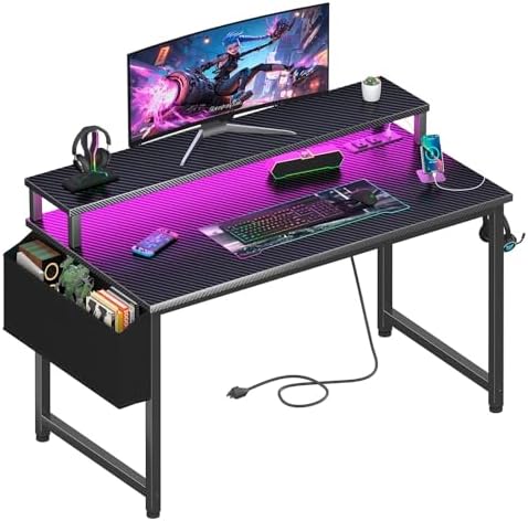 Lufeiya Gaming Desk with Power Outlets and LED Lights, 40 Inch Gamer Desk Table with Charging Station, Home Office Computer Desks with Monitor, Black by LUFEIYA