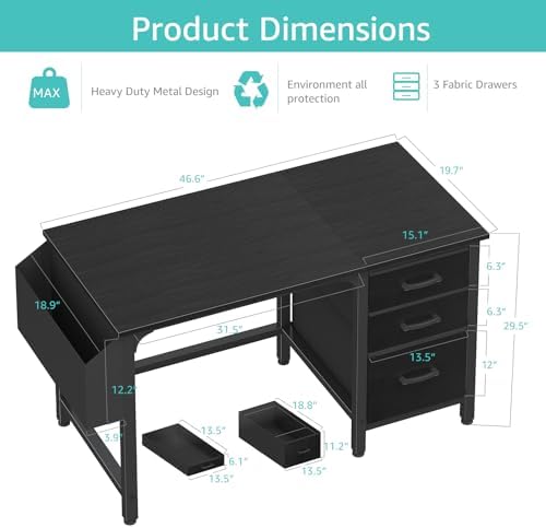 Lufeiya Computer Desk with File Drawers Cabinet, 47 Inch Reversible Home Office Desks with Filing Cabinet for Small Space, Gaming Study Writing Table PC Desks, Black - Image 3