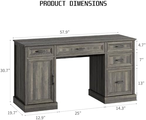 CARPETNAL 58'' Farmhouse Executive Desk with Drawers, Home Office Desk with File Drawer and Storage Cabinet, Rustic Computer Desk for Working, Studying, Writing, Grey - Image 2