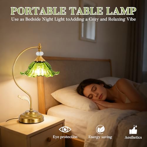 Vintage Floral Table Lamp, Plug in Mid-Century Modern Desk Lamp with Green Glass Shade, Gold Bedside Table Lamp Dimmable for Bedroom Living Room Home Office, E26 Base, UL Listed - Image 6