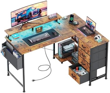 VERMESS 47" Reversible L Shaped Gaming Computer Desk, Corner Desk with Power Outlets & Monitor Stand, Writing Study Table with 4 Storage Drawers, Desk with LED Lights, Rustic Brown by VERMESS
