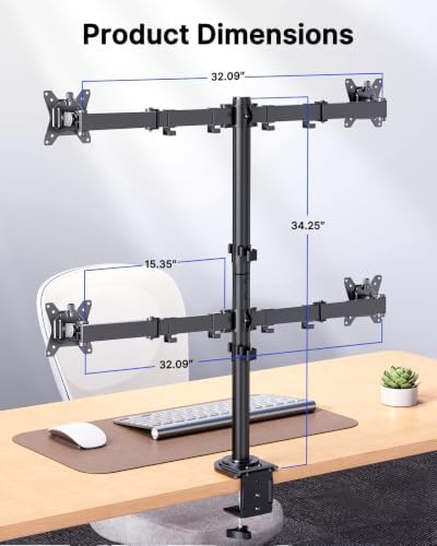 HUANUO Quad Monitor Mount for 13-32 Inch Screens, 4 Monitor Stand with Larger Base, Holds 22 lbs per Arm, Fully Adjustable Stacked Mount, Tilt Swivel Rotation, VESA 75x75/100x100mm, Cable Management - Image 4