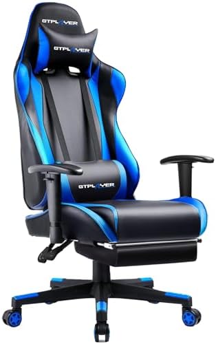 GTPLAYER Gaming Chair with Footrest, Ergonomic Computer Game Desk Chair, Reclining Gamer Chair Seat Height Adjustment, Swivel Rocker with Headrest and Lumbar (Blue) by GTPLAYER