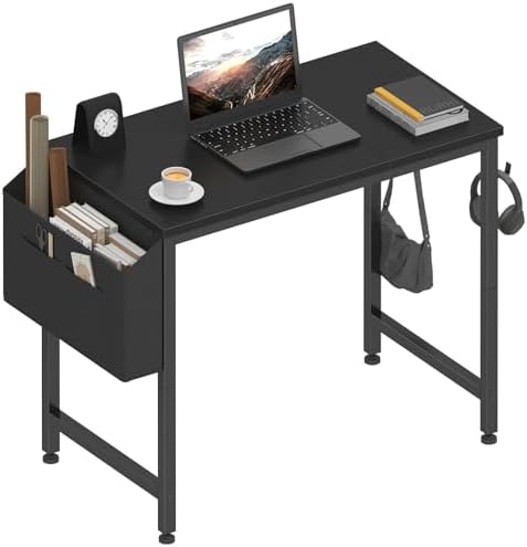 Lufeiya Small Desk for Small Spaces, 32 Inch Kids Girls Study Writing Desks for Bedroom, Simple Modern Laptop PC Little Side Table with Storage Bag Headphone Hooks, Black by LUFEIYA