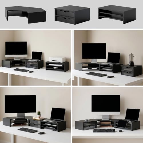 Fenge Dual Monitor Stand, Corner Desk Shelf with Drawer & Slide-Out Tray - Image 4